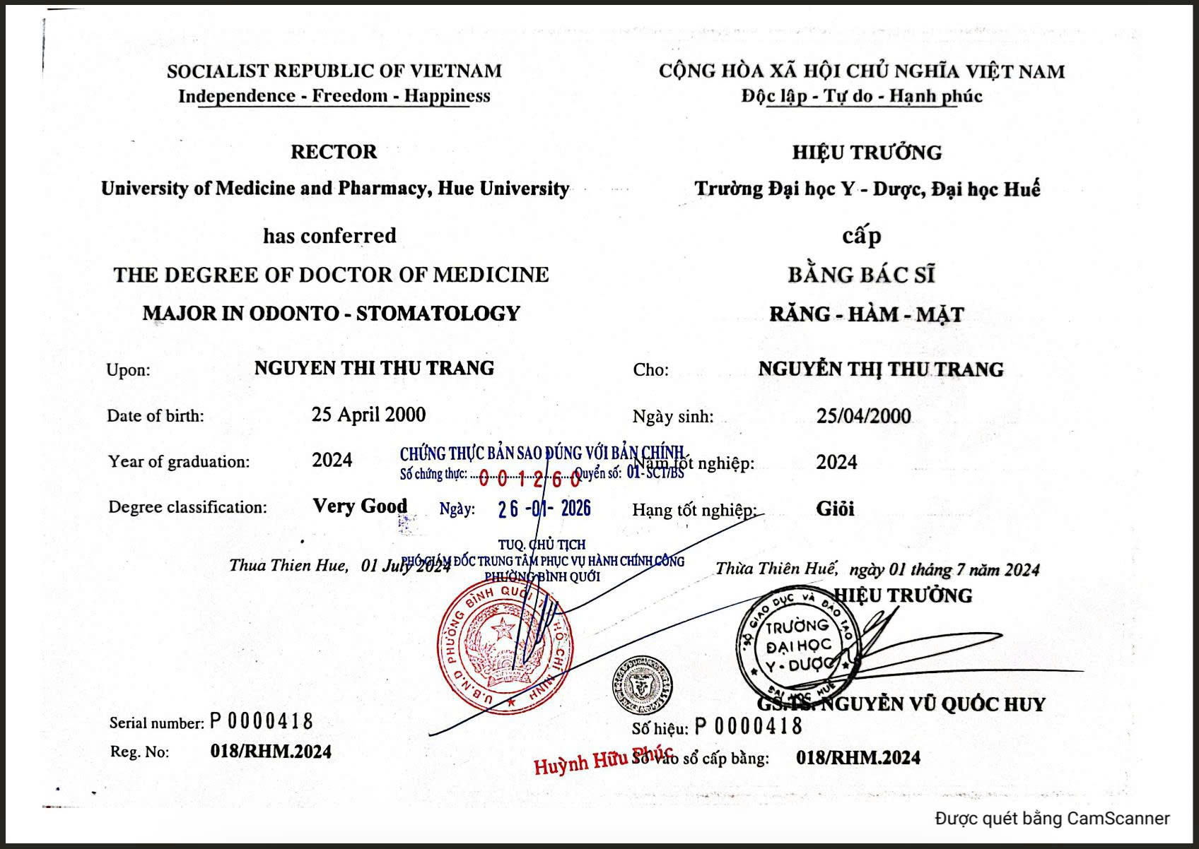 Bằng Cấp Bác Sĩ Nguyễn Thị Thu Trang