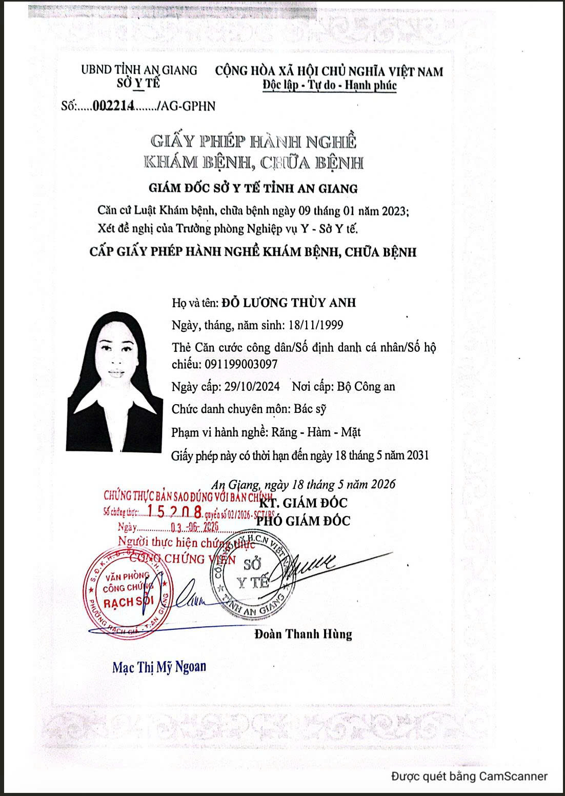 Giấy Phép Hành Nghề Bác Sĩ Thuỳ Anh