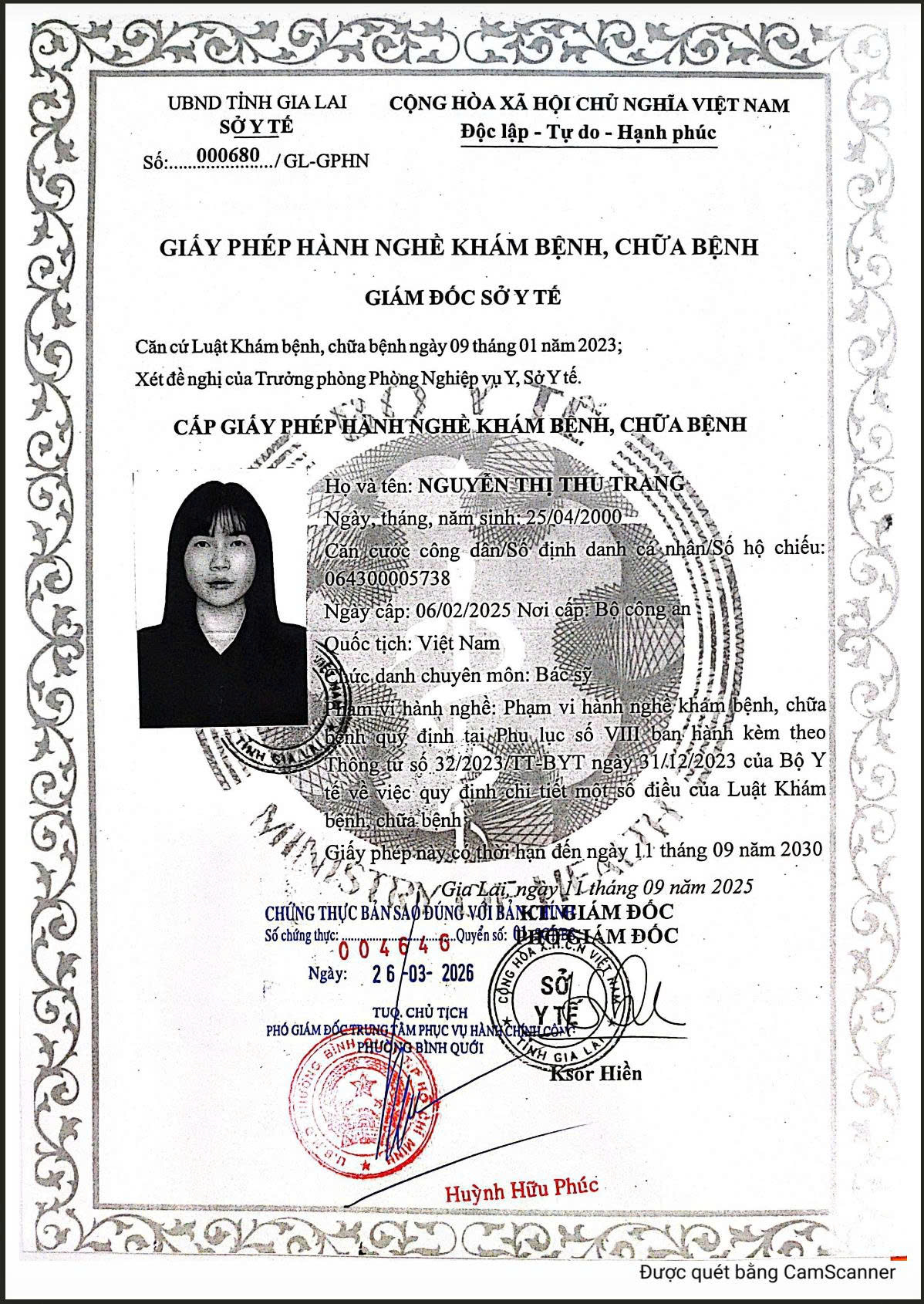 Giấy phép Hành Nghề Bác sĩ Thu Trang